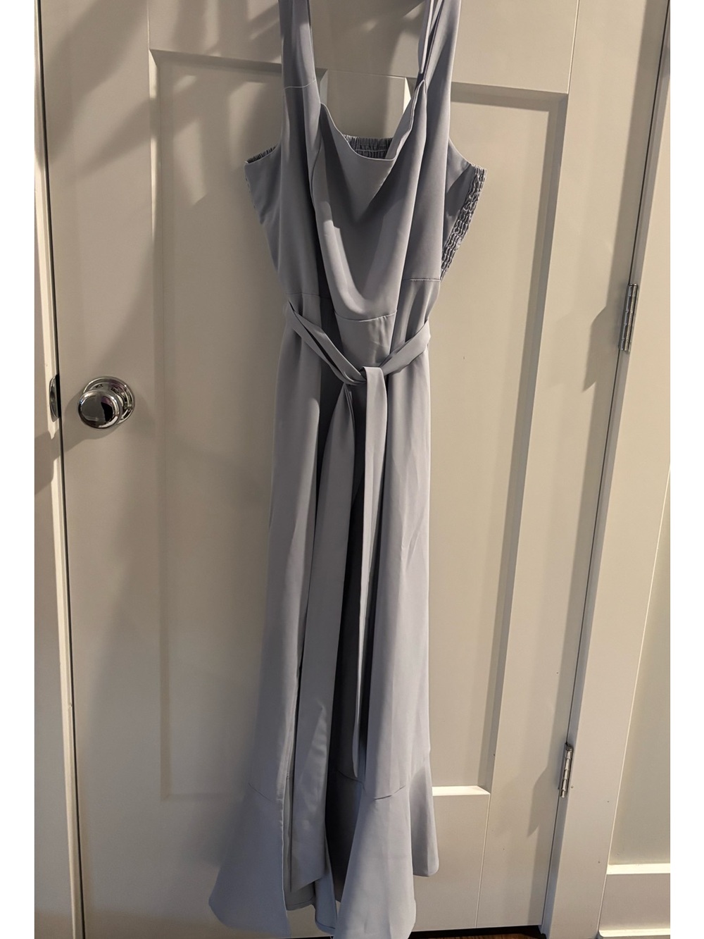 Elegant Light Gray/blue square Neck Maxi Dress with Waist Tie